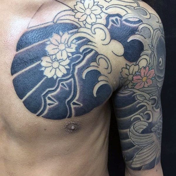 Koi Fish With Water And Flowers Half Sleeve Japanese Tattoos For Males
