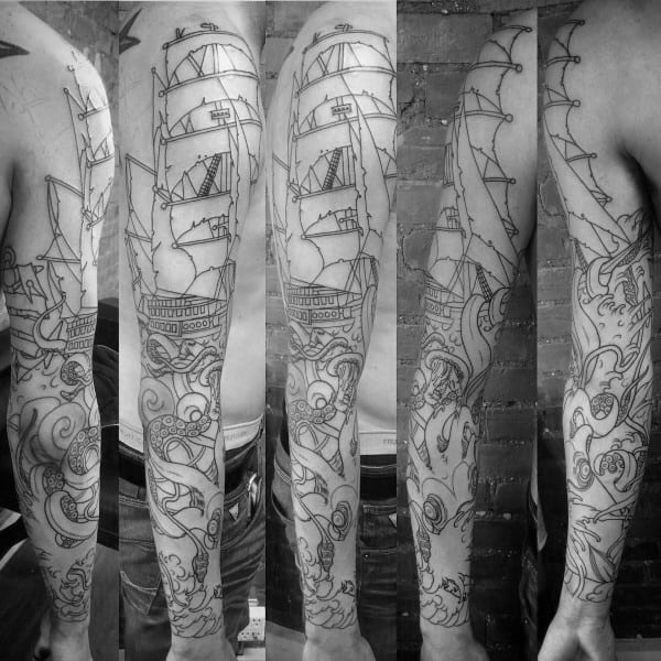 Kraken And Sailing Ship Guys Old School Sleeve Tattoo Inspiration