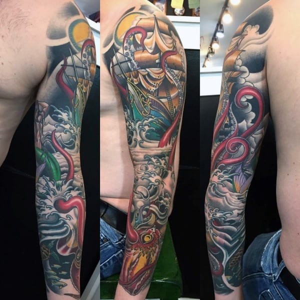 Kraken Male Full Sleeve Tattoo Ideas