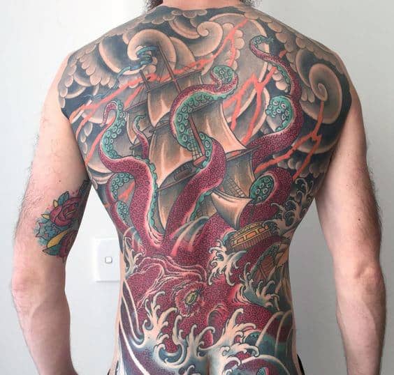 Kraken Octopus Guys Full Back Japanese Tattoo Designs