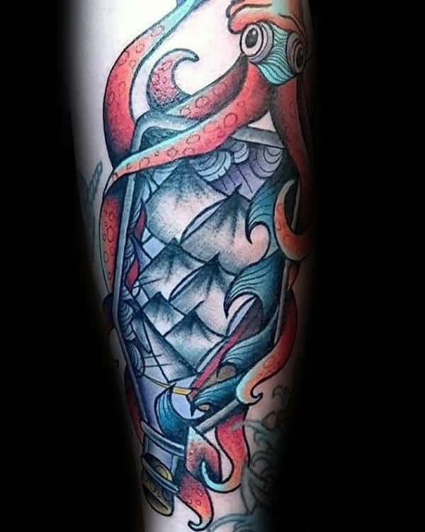 Kraken Ship In A Bottle Male Tattoos