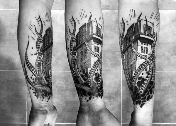 Kraken Sinking Building Mens Forearm Tattoos