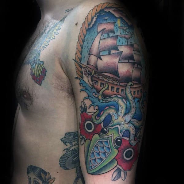 Kraken Traditional Guys Upper Arm Ship Tattoos