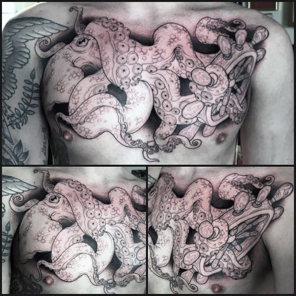 Kraken With Ship Wheel Male Chest Tattoos