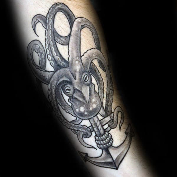 Kraken Wrapped Around Ship Anchor Guys Forearm Tattoos