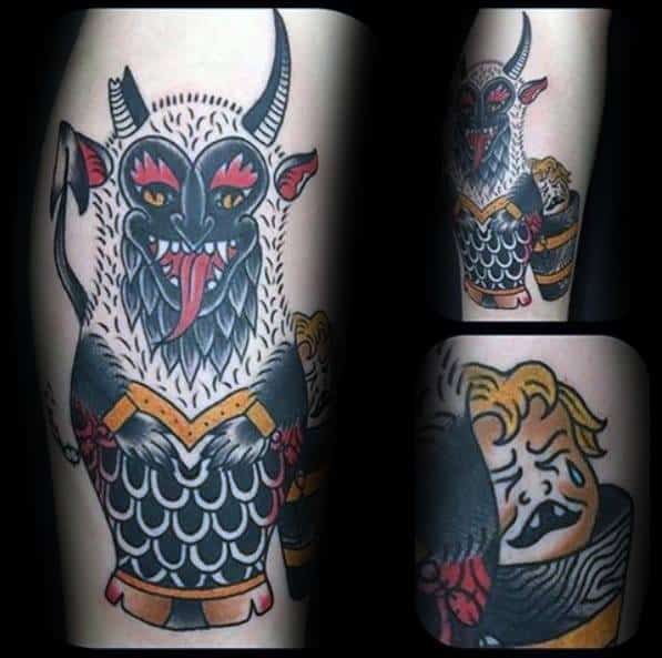 Playful Krampus tattoo with a furry horned figure, red eyes, long tongue, and a crying child stuffed in a basket, done in bold colors.