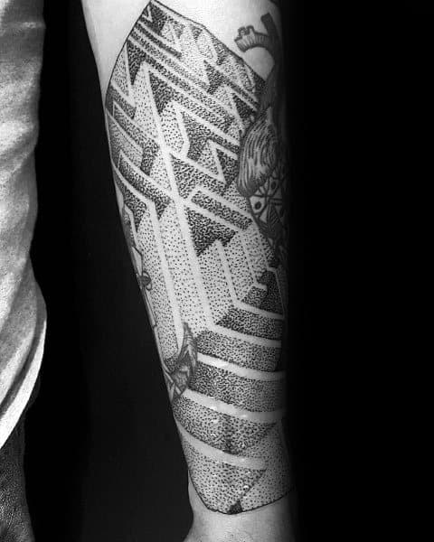 Dotwork labyrinth tattoo on a man's forearm, featuring a 3D maze design with intricate shading and geometric elements for depth and contrast.