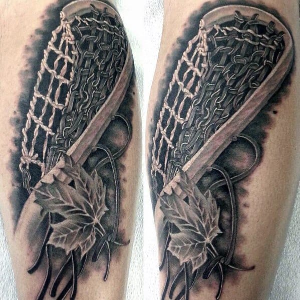 Realistic lacrosse tattoo featuring a wooden stick with intricate netting, crossed strings, and maple leaves, creating a bold and detailed design.
