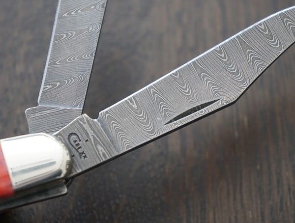 Ladder Damascus Steel Blades Case Knives Crimson Bone Peach Seed Jig Stockman Knife