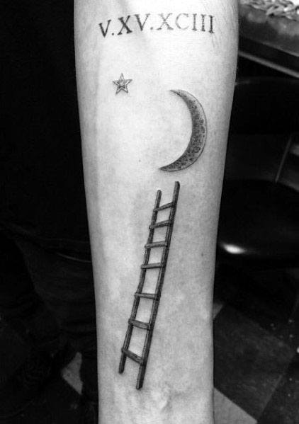 Simple tattoo of a ladder reaching toward a crescent moon and star, symbolizing dreams and ambition, ideal for men's forearms.