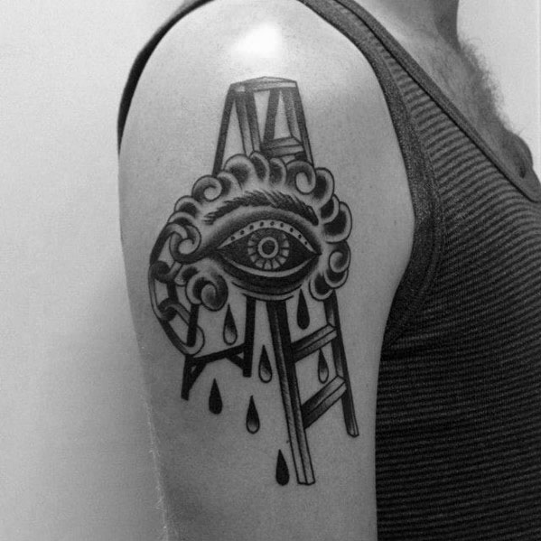 Bold blackwork tattoo of a ladder combined with an eye and clouds, symbolizing insight and personal growth, perfect for men's upper arms.