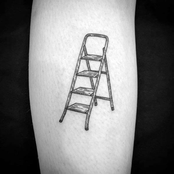 Detailed, minimalist tattoo of a step ladder, symbolizing steady progress, ideal for men's arms or legs.