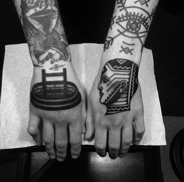 Bold, abstract tattoo featuring a ladder emerging from a circular pool, ideal for men's hand tattoos with symbolic meaning.