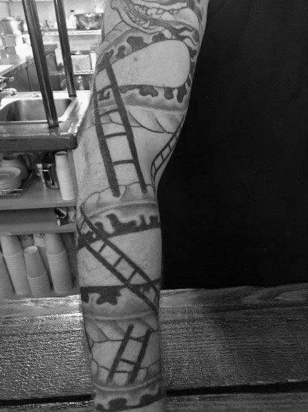 Abstract full-sleeve tattoo with interconnected ladders, symbolizing life's complexity and ambition, perfect for men's sleeve designs.