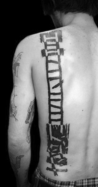 Bold, blackwork ladder tattoo running vertically along the spine, ideal for men wanting dramatic and meaningful back art.