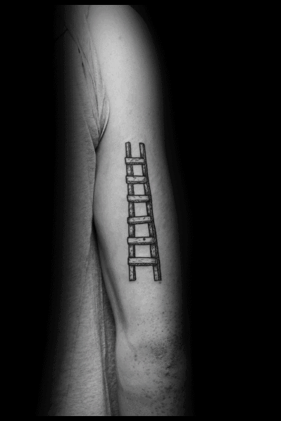 Simple, minimalistic ladder tattoo, symbolizing steady growth, perfect for subtle placement on men's upper arms.