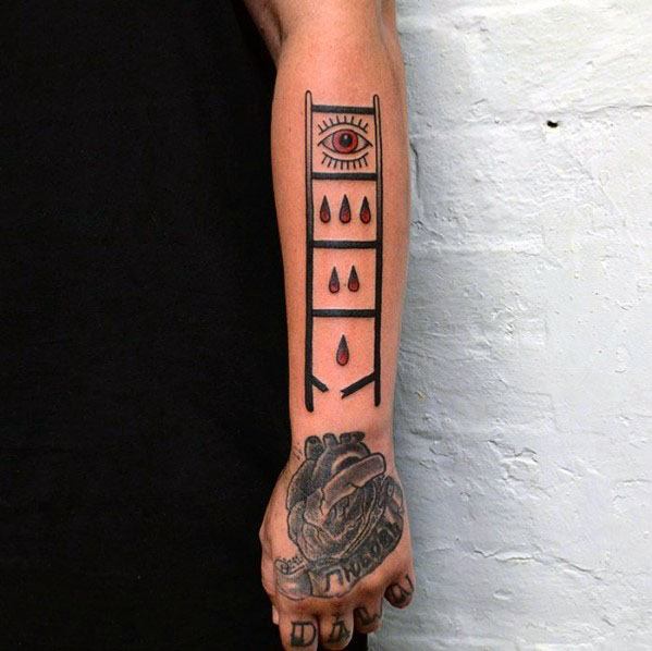 Bold ladder tattoo with an eye and red teardrops, symbolizing vision and sacrifice, ideal for men's forearm tattoos.