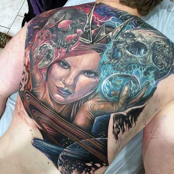Lady Holding Skull With Magical Colorful Swirls And Planet Tattoo Male Full Back