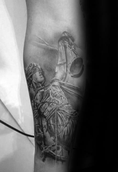 Lady Justice Heavily Shaded Inner Forearm Tattoos For Males