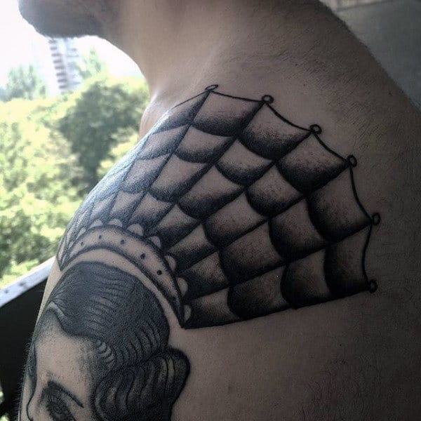 Lady Portrait And Spider Web Tattoos On Shoulder For Guys