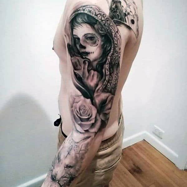 Lady With Pistol And Rose Full Sleeve Tattoo For Guys