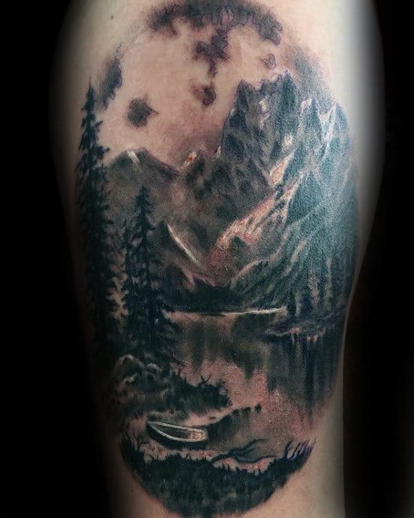 Lake Landscape Mens Thigh Tattoo Ideas