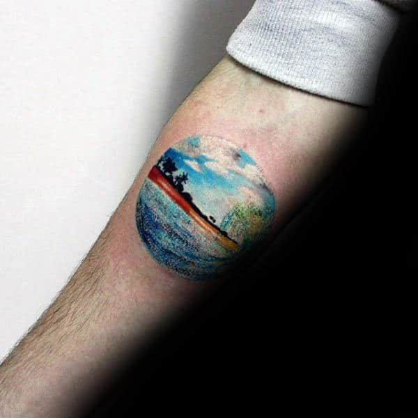 Landscape Ocean Wave Beach Mens Small Circle Inner Forearm Tattoo