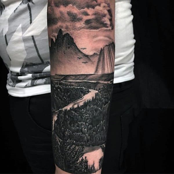 Landscape Realistic Guys Forearm Sleeve Tattoo Ideas