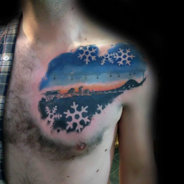 Landscape Snowflake Watercolor Mens Chest Tattoos