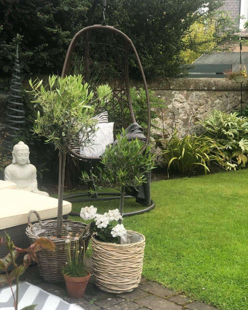 small landscaped garden with egg chair