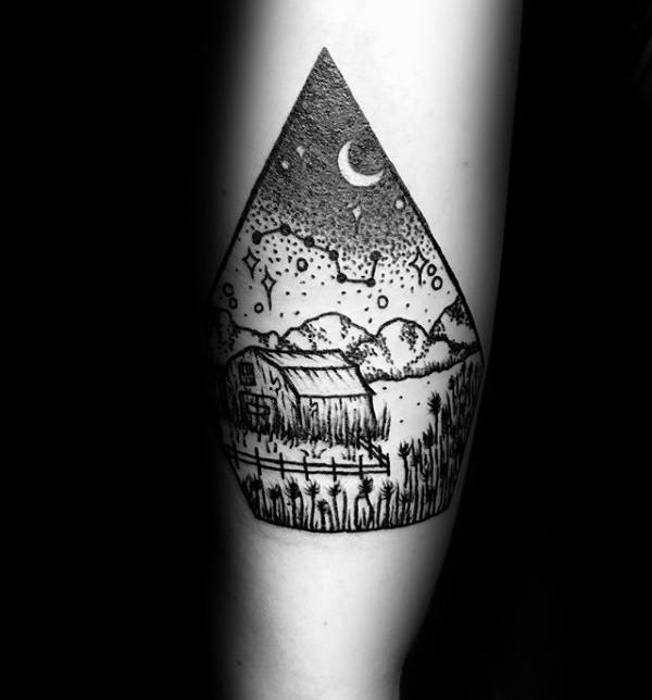 Lanscape Of Farm With Wheat And Constellation Mens Small Tattoo Ideas