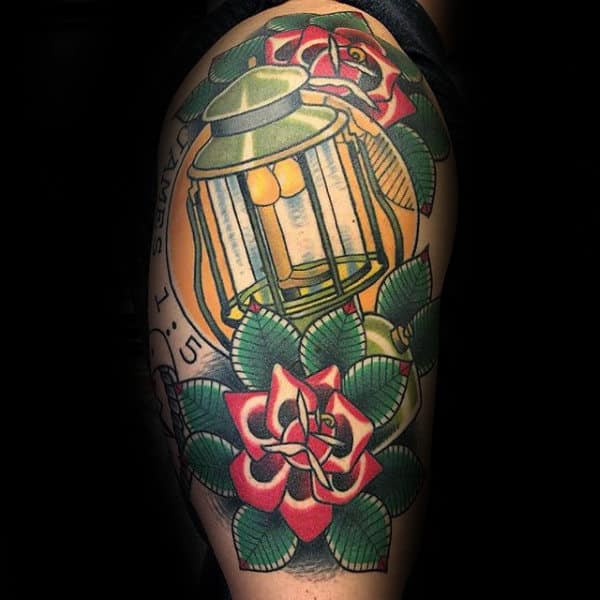 Lantern Traditional Rose Mens Half Sleeve Tattoo Designs