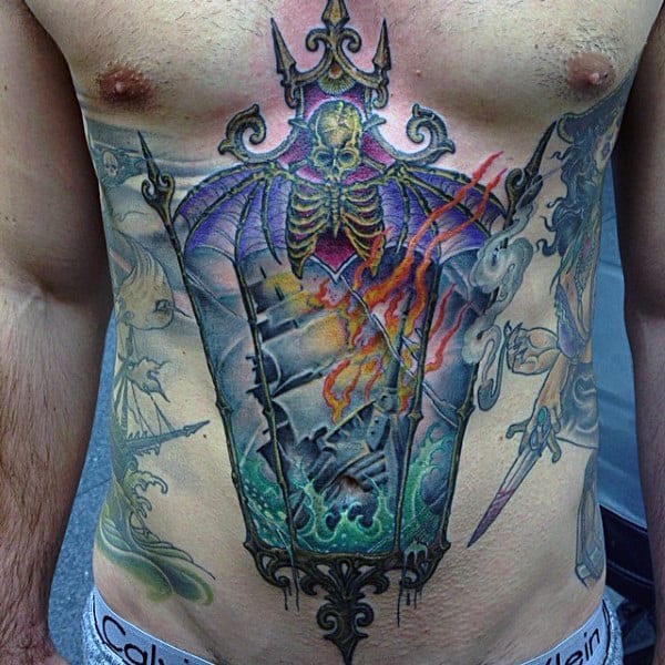 Lantern With Sailing Ship Mens Colorful Stomach Tattoo Designs