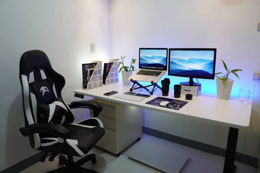 professional home office setup mac extra monitor gaming chair