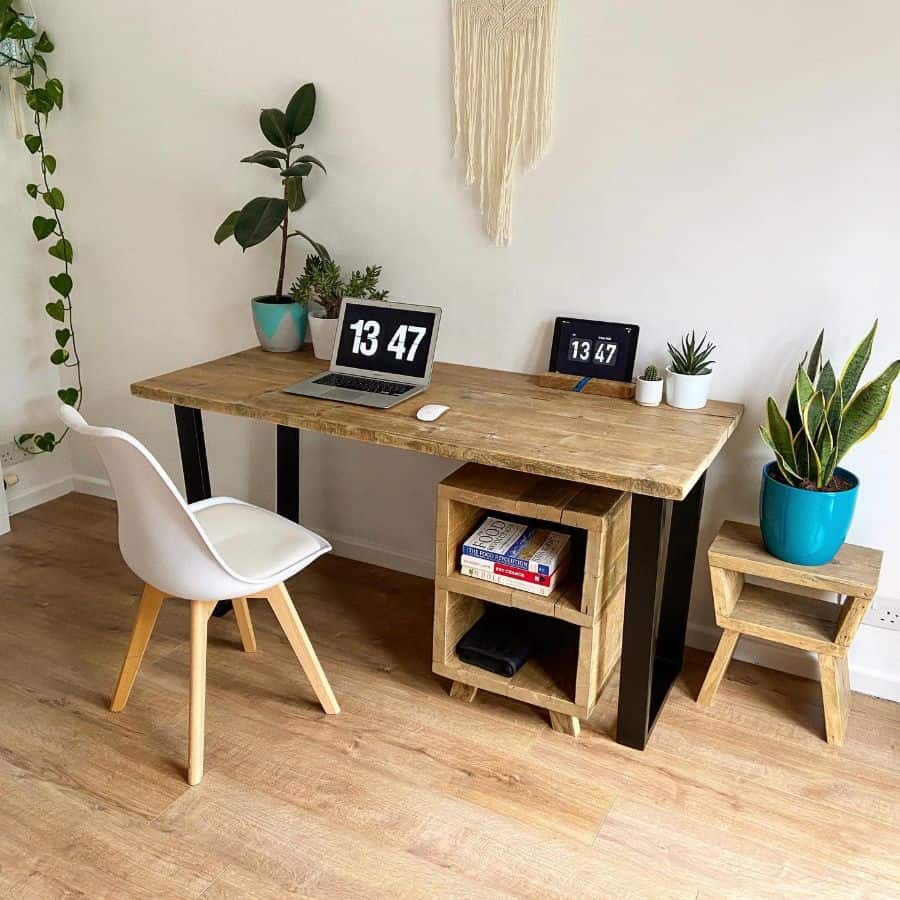 wood desk home office setup pot plants