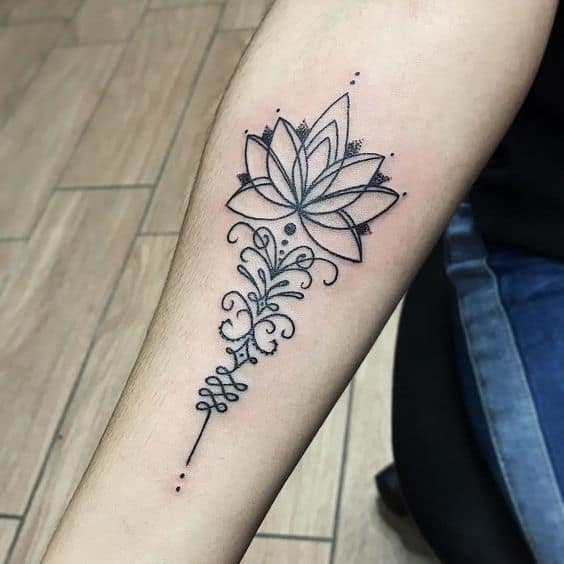 Unalome tattoo with a detailed lotus and ornamental design on the forearm, symbolizing spiritual growth, enlightenment, and inner peace.