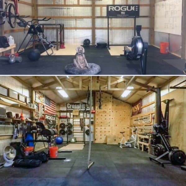 Spacious barn-style gym with weight racks, climbing rope, rowing machine, and organized equipment.
