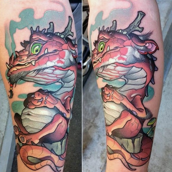 Large Bellied Green Eyed Monster New School Tattoo Male Forearms