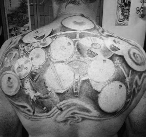 Large Drum Set Mens Upper Back Tattoos