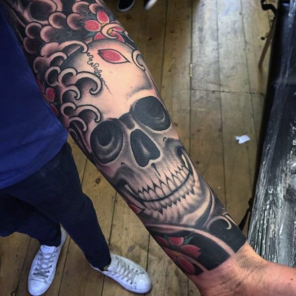 Large Eyed Skull Japanese Sleeve Tattoo Males