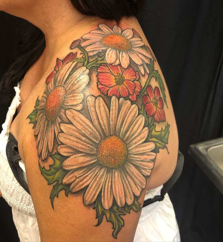 Shoulder wrap tattoo large full color daisy