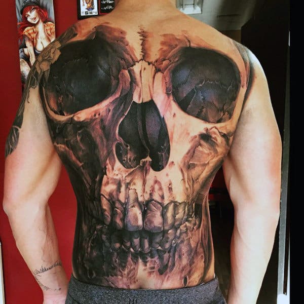 Large Hollow Eyed Brown Skull Tattoo Mens Full Back