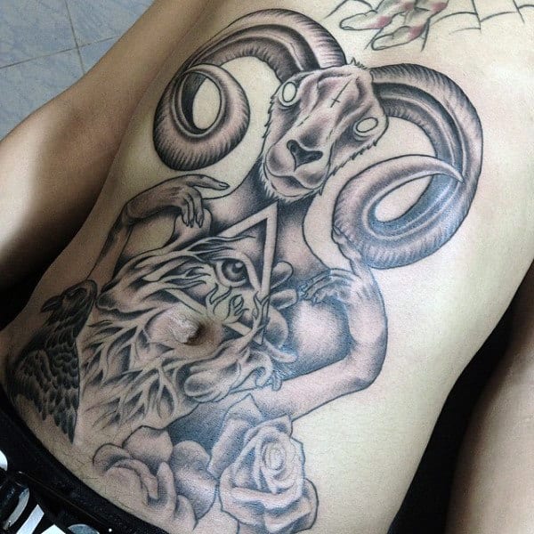 Large Horned Beast Illuminati Tattoo Male Chest