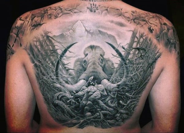 Large Horned Elephant With Dried Twigs Tattoo Guys Back