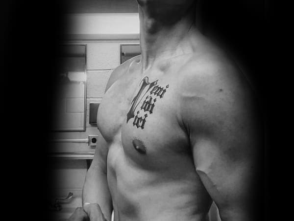 Large Letter V Veni Vidi Vici Mens Chest Tattoo Ideas