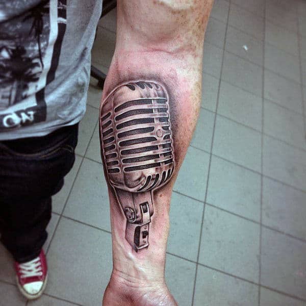 Large Metallic Microphone Tattoo Guys Forearms
