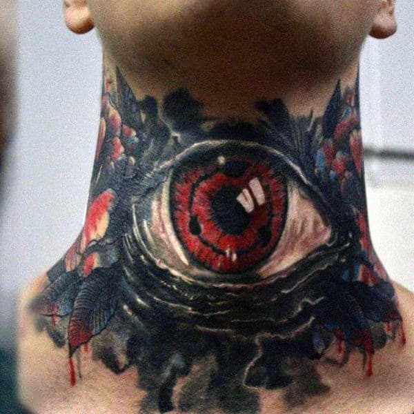 Throat tattoo featuring a striking red eye with dark shading, surrounded by eerie black and red details for a bold and intense design