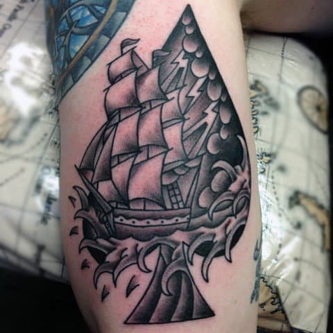 Large Sailed Ship With Spilling Sea Water And On Ace Tattooo Guys Arms