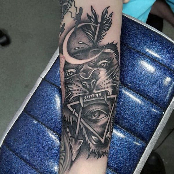 Large Toothed Beast Illuminati Grey Tattoo Male Forearms