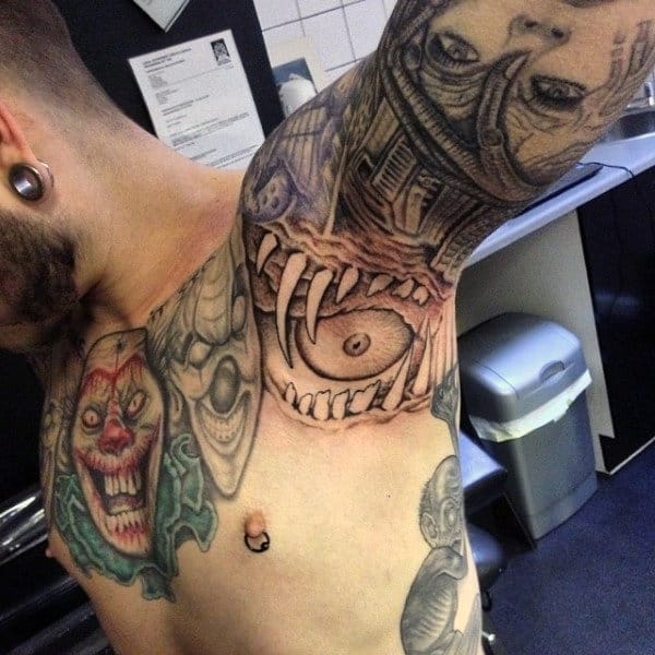 Large Toothed Eye Tattoo On Guys Armpit Designs